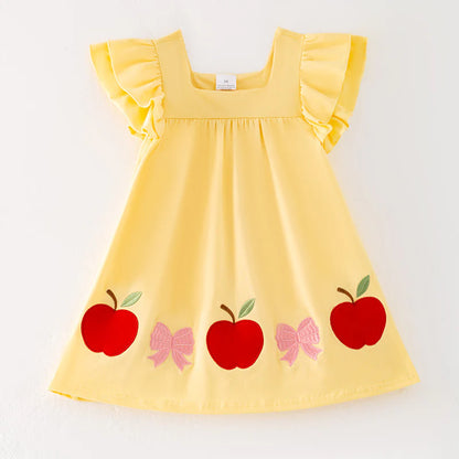 Girls Back To School Apple Bow Embroidered Yellow Cotton Dress