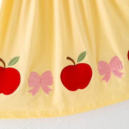 Girls Back To School Apple Bow Embroidered Yellow Cotton Dress