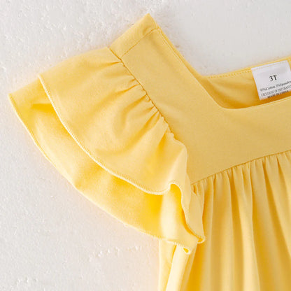 Girls Back To School Apple Bow Embroidered Yellow Cotton Dress