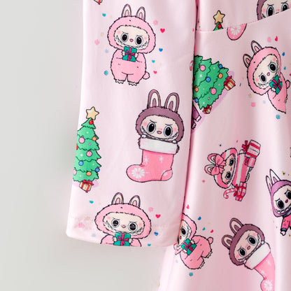 Kids Christams Cartoon Print Matching Pajamas Set & Dress