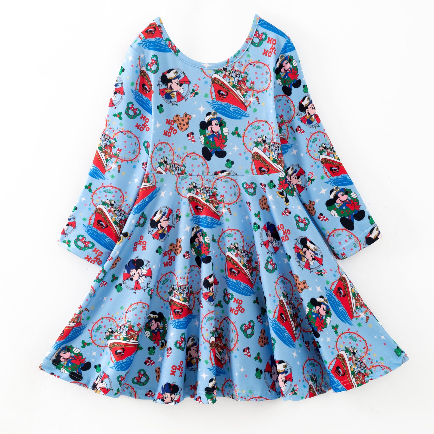 Girls Christmas Cartoon Cute Long Sleeves Blue Dress