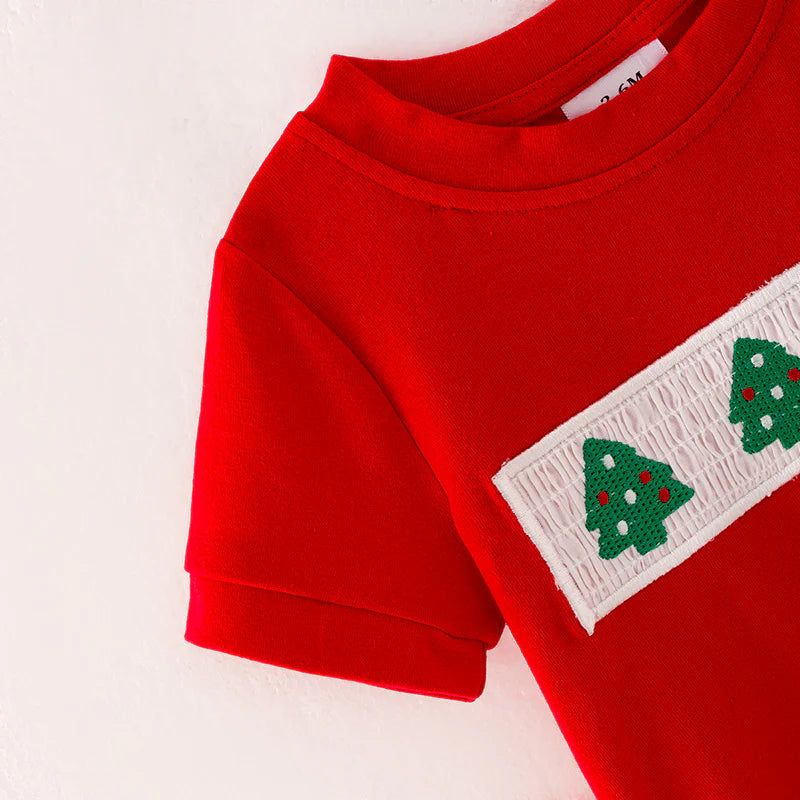 Boys Brother Christmas Tree Embroidery Smock Red Green Outfit