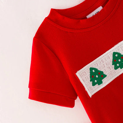 Boys Brother Christmas Tree Embroidery Smock Red Green Outfit
