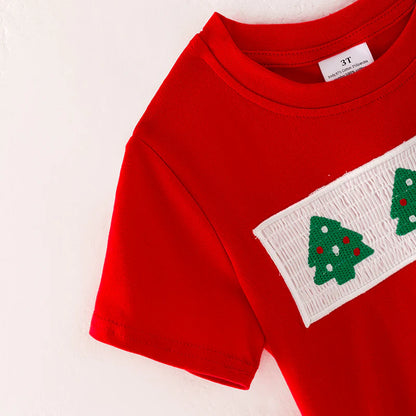Boys Brother Christmas Tree Embroidery Smock Red Green Outfit