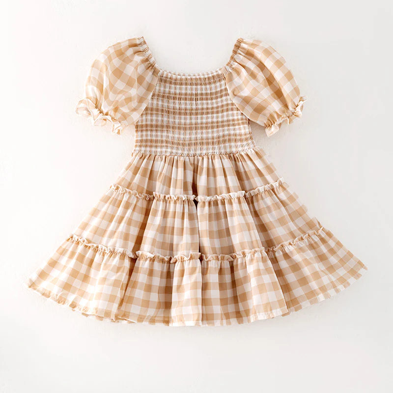 Girls Summer Plaid Smocked Patchwork Chiffon Dress