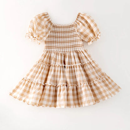 Girls Summer Plaid Smocked Patchwork Chiffon Dress