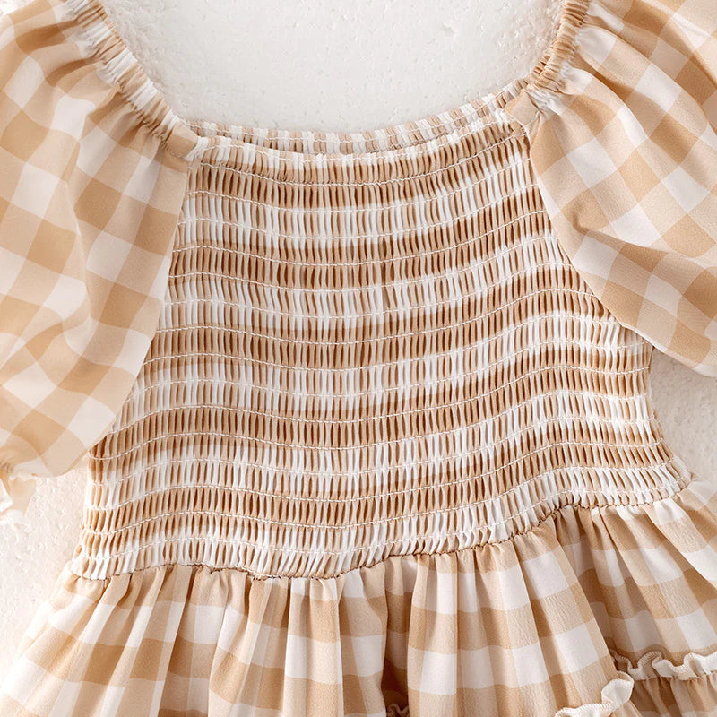 Girls Summer Plaid Smocked Patchwork Chiffon Dress