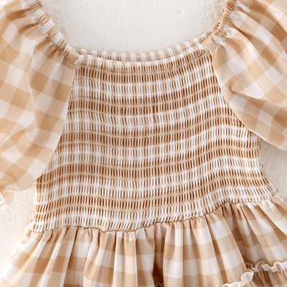 Girls Summer Plaid Smocked Patchwork Chiffon Dress