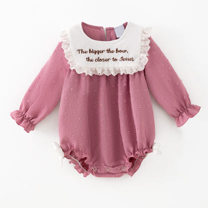 Girls’ Pink Dress with Embroidered Lettering – Polka Dot Jacquard Mesh