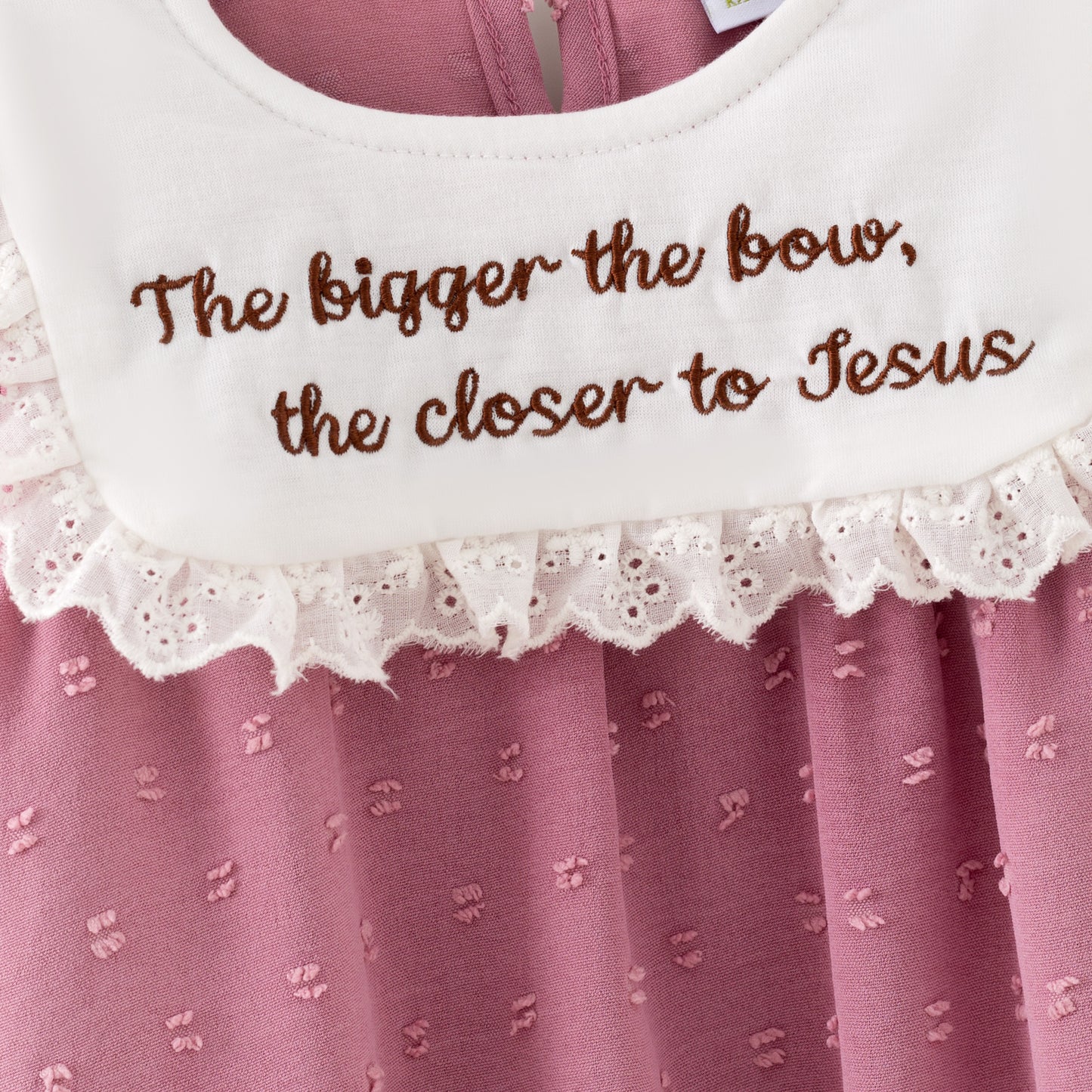 Girls’ Pink Dress with Embroidered Lettering – Polka Dot Jacquard Mesh