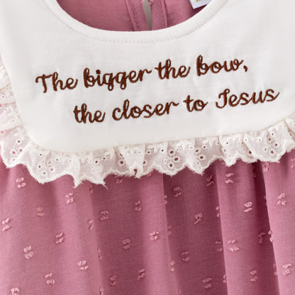 Girls’ Pink Dress with Embroidered Lettering – Polka Dot Jacquard Mesh