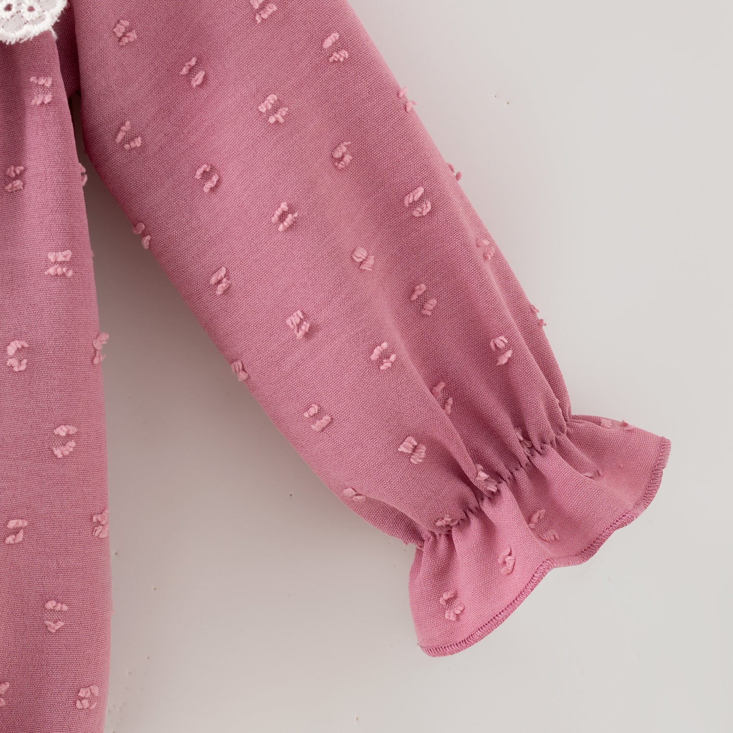 Girls’ Pink Dress with Embroidered Lettering – Polka Dot Jacquard Mesh