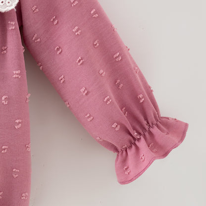 Girls’ Pink Dress with Embroidered Lettering – Polka Dot Jacquard Mesh