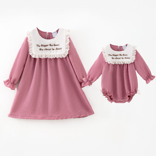 Girls’ Pink Dress with Embroidered Lettering – Polka Dot Jacquard Mesh