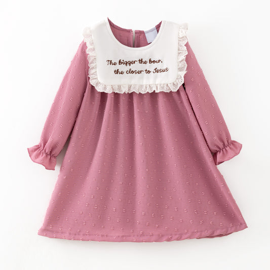 Girls’ Long Sleeve Dress with Embroidered Lettering – Polka Dot Jacquard Mesh