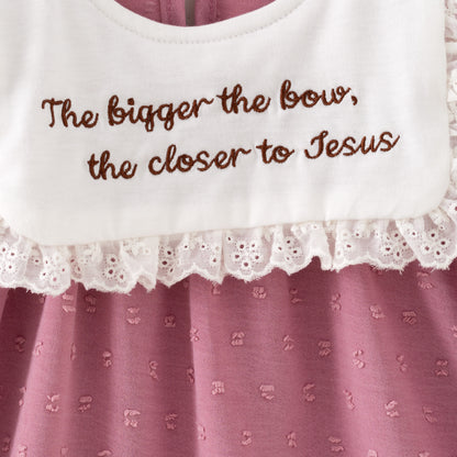 Girls’ Pink Dress with Embroidered Lettering – Polka Dot Jacquard Mesh
