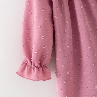 Girls’ Pink Dress with Embroidered Lettering – Polka Dot Jacquard Mesh