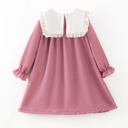 Girls’ Pink Dress with Embroidered Lettering – Polka Dot Jacquard Mesh
