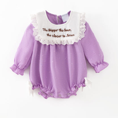 Girls’ Purple Dress with Embroidered Lettering – Polka Dot Jacquard Mesh