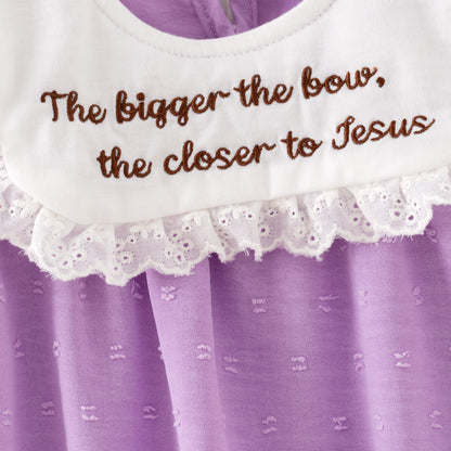 Girls’ Purple Dress with Embroidered Lettering – Polka Dot Jacquard Mesh