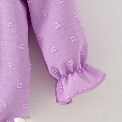 Girls’ Purple Dress with Embroidered Lettering – Polka Dot Jacquard Mesh