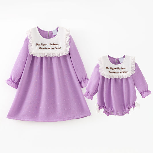 Girls’ Purple Dress with Embroidered Lettering – Polka Dot Jacquard Mesh