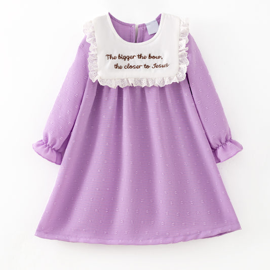 Girls’ Purple Dress with Embroidered Lettering – Polka Dot Jacquard Mesh