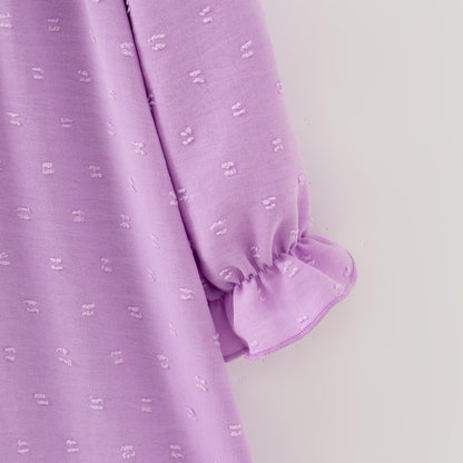 Girls’ Purple Dress with Embroidered Lettering – Polka Dot Jacquard Mesh
