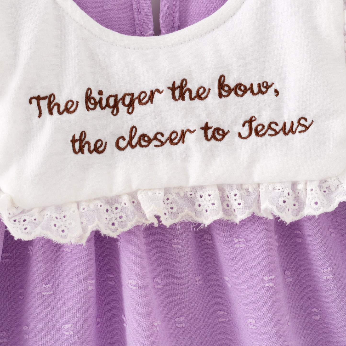 Girls’ Purple Dress with Embroidered Lettering – Polka Dot Jacquard Mesh