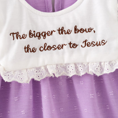 Girls’ Purple Dress with Embroidered Lettering – Polka Dot Jacquard Mesh