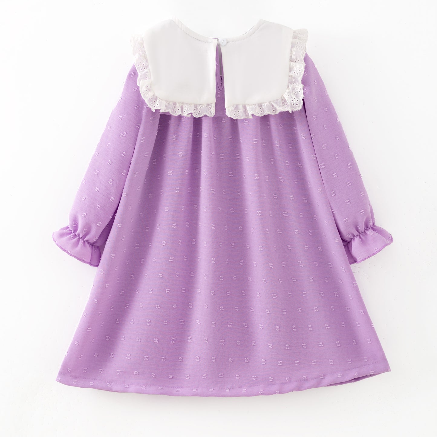 Girls’ Purple Dress with Embroidered Lettering – Polka Dot Jacquard Mesh