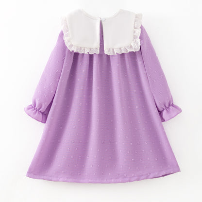 Girls’ Purple Dress with Embroidered Lettering – Polka Dot Jacquard Mesh
