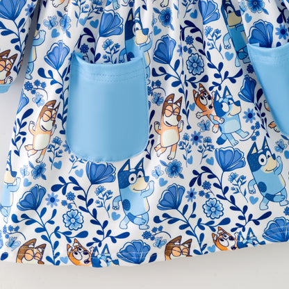 Girls Fall Bluey Cartoon Pocket Long Sleeves Twirl Dress