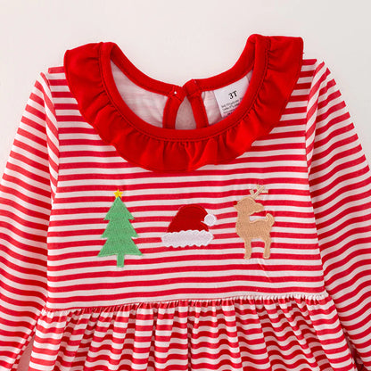 Girls Christmas Reindeer Santa Embroidery Red Stripes Dress Romper
