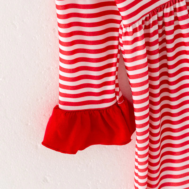 Girls Christmas Reindeer Santa Embroidery Red Stripes Dress Romper