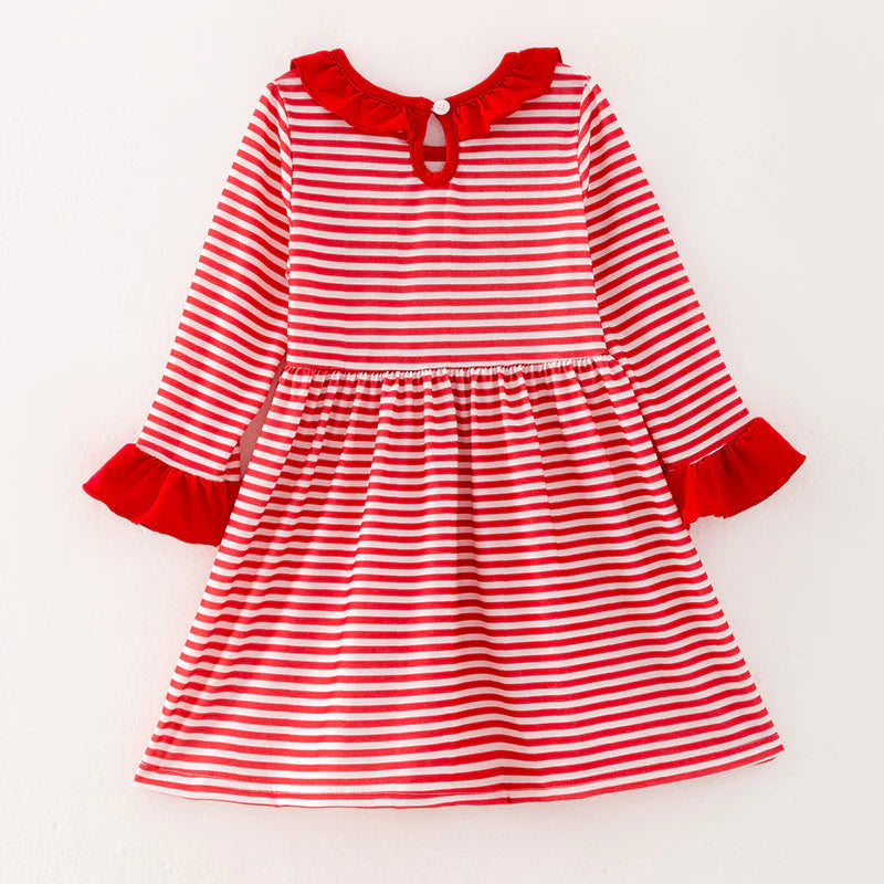 Girls Christmas Reindeer Santa Embroidery Red Stripes Dress Romper