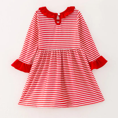 Girls Christmas Reindeer Santa Embroidery Red Stripes Dress Romper
