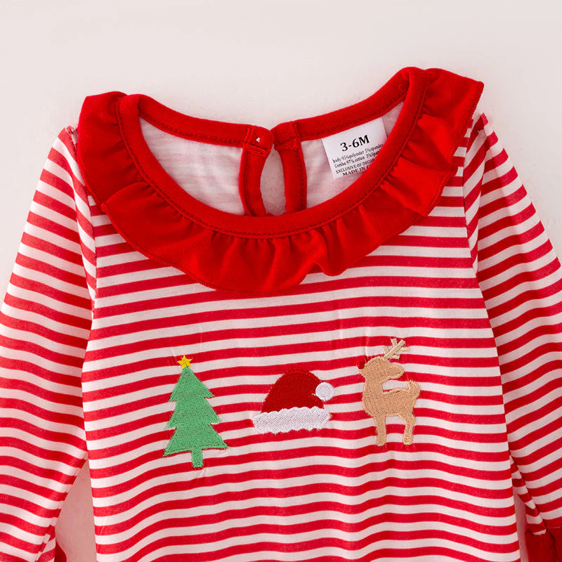 Girls Christmas Reindeer Santa Embroidery Red Stripes Dress Romper