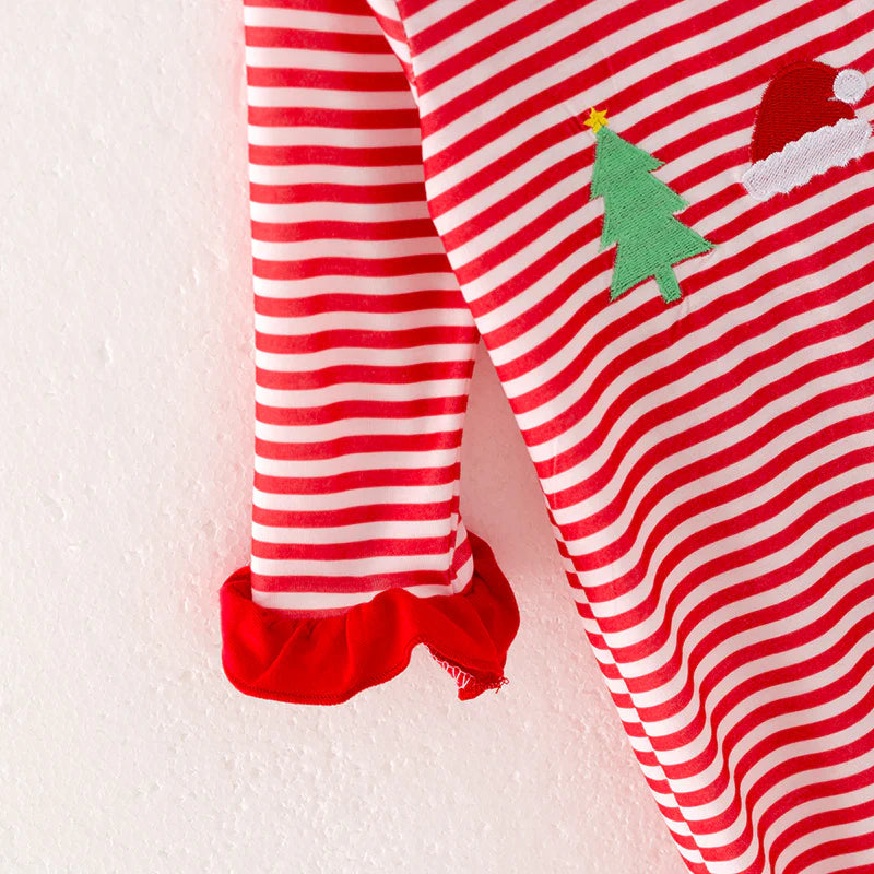 Girls Christmas Reindeer Santa Embroidery Red Stripes Dress Romper