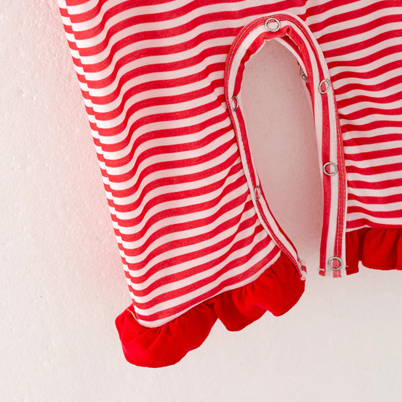 Girls Christmas Reindeer Santa Embroidery Red Stripes Dress Romper