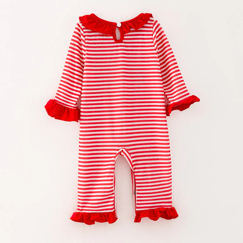 Girls Christmas Reindeer Santa Embroidery Red Stripes Dress Romper