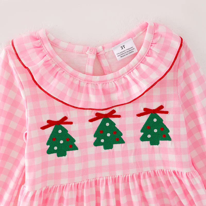Girls Christmas Pink Plaid Christmas Tree Emrboidery Outfit Set Dress