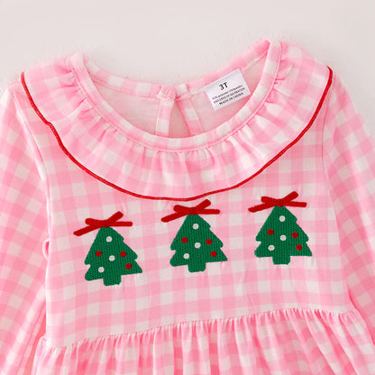 Girls Christmas Pink Plaid Christmas Tree Emrboidery Outfit Set Dress