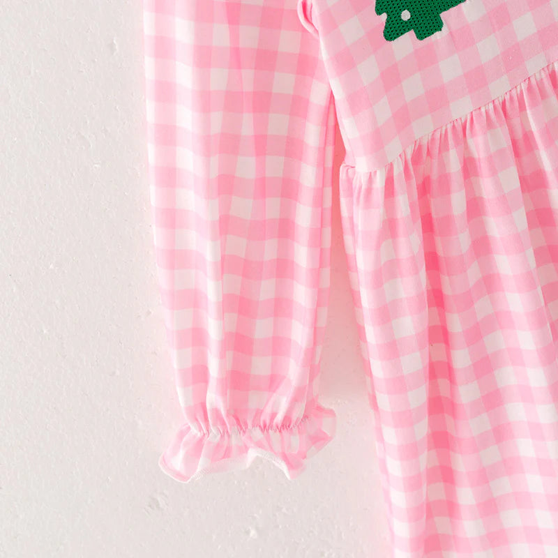 Girls Christmas Pink Plaid Christmas Tree Emrboidery Outfit Set Dress