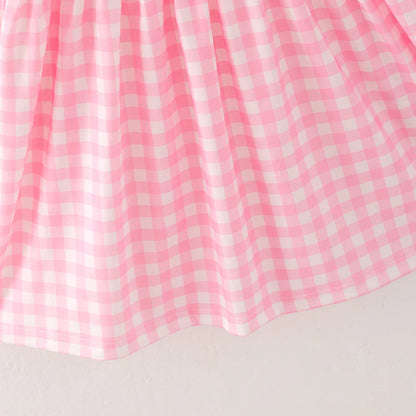 Girls Christmas Pink Plaid Christmas Tree Emrboidery Outfit Set Dress