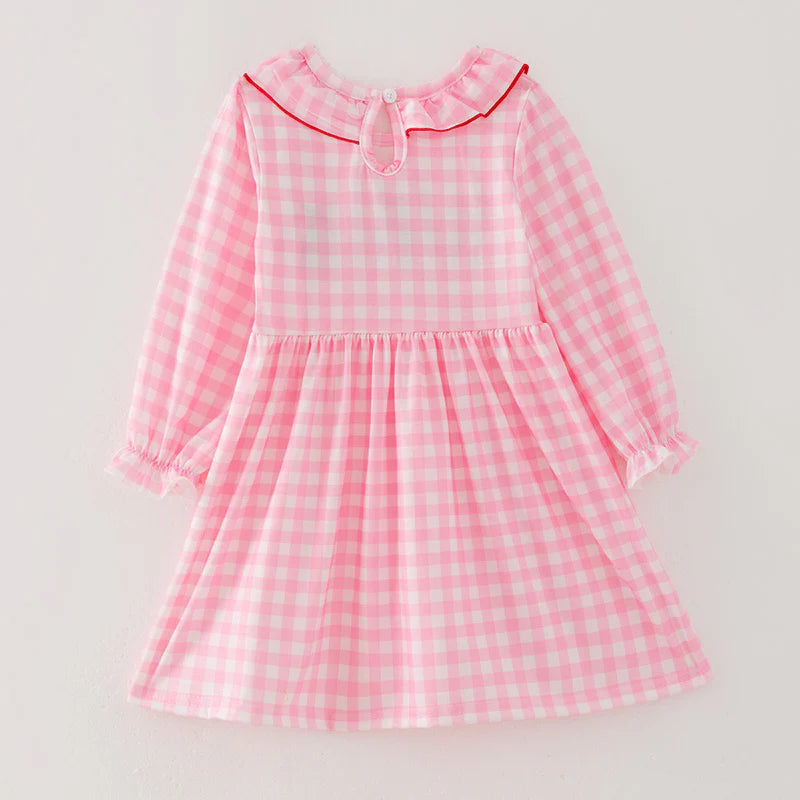 Girls Christmas Pink Plaid Christmas Tree Emrboidery Outfit Set Dress