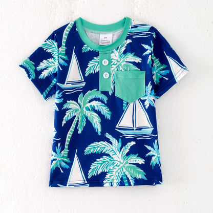 Boys Summer Fish Dinosour Goose Tree Print Pocket Shirt