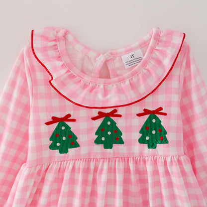 Girls Christmas Pink Plaid Christmas Tree Emrboidery Outfit Set Dress