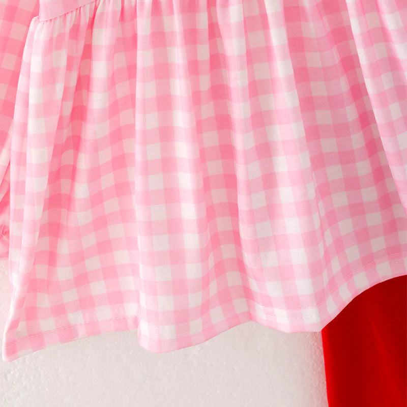 Girls Christmas Pink Plaid Christmas Tree Emrboidery Outfit Set Dress