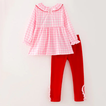 Girls Christmas Pink Plaid Christmas Tree Emrboidery Outfit Set Dress
